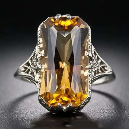 Vintage 925 Silver Ring Baguette Emerald Cut Lemon Yellow Citrine Retro Hollow C