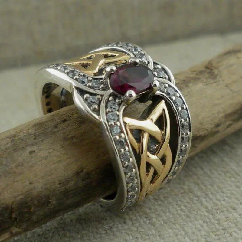 Vintage Women'S Fashion Two Tone Silver & Gold Red Ruby & Blue Sapphire Celtic R