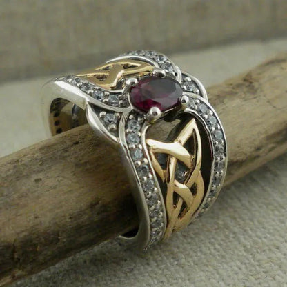 Vintage Women'S Fashion Two Tone Silver & Gold Red Ruby & Blue Sapphire Celtic R