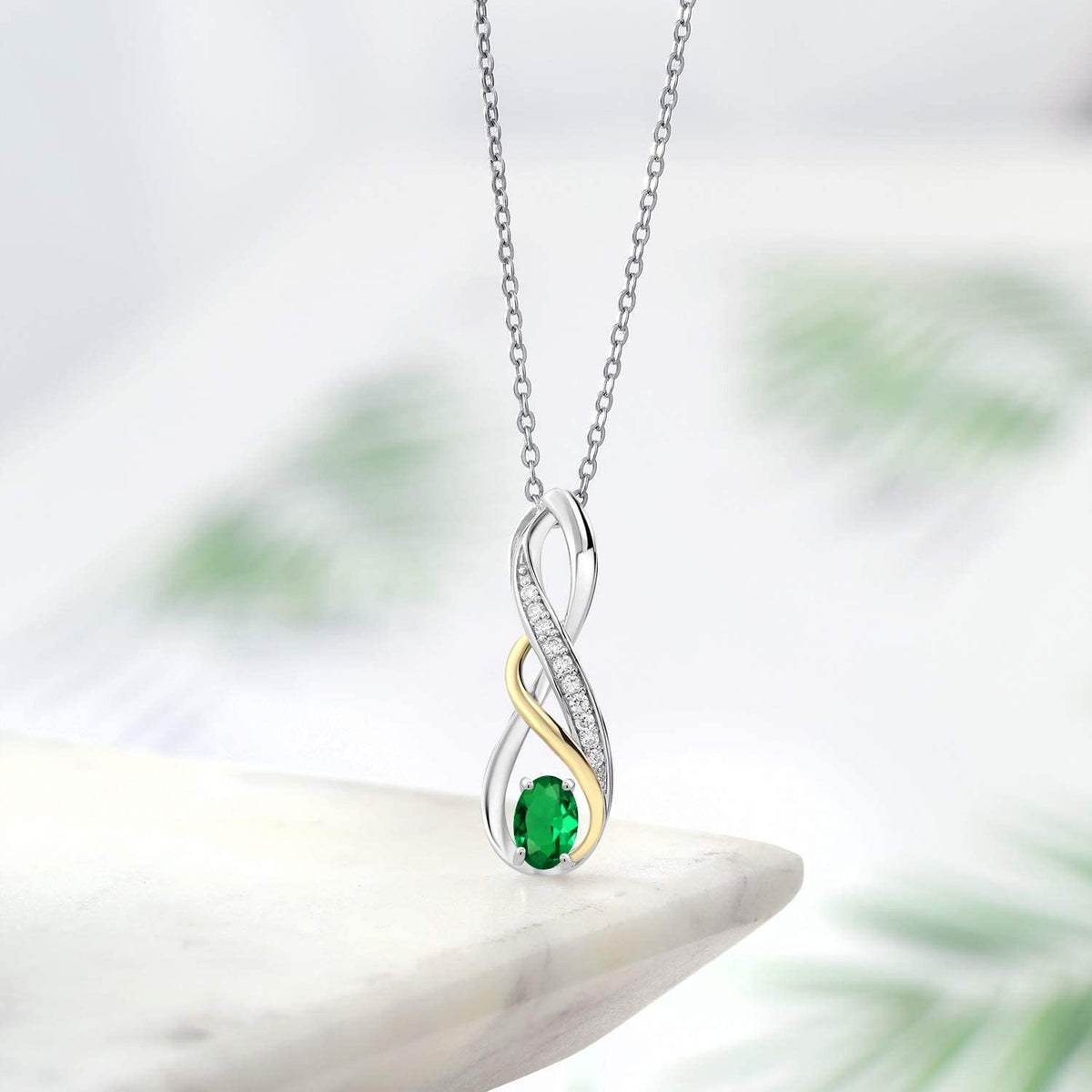 925 Sterling Silver and 10K Yellow Gold Green Nano Emerald and White G-H Lab Gro