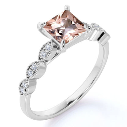 Beautiful 1.25 Carat Princess Cut Created Morganite and Diamond Engagement Ring