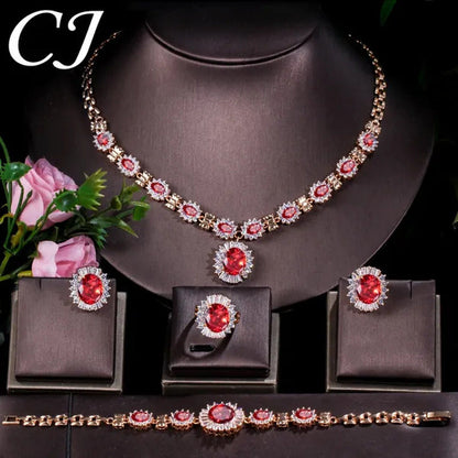 CANDICE Dubai Ruby Wedding 4 Pieces Set Elegant Red Zirconia Paved Yellow Gold P