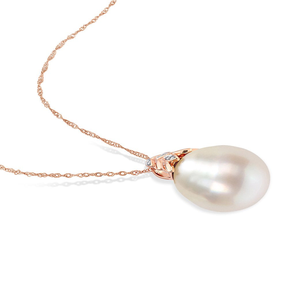 14-14.5Mm South Sea Cultured Freshwater Pearl and Diamond Accent 14Kt Rose Gold