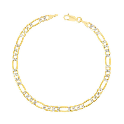 14K Yellow Gold 4.5Mm Figaro Chain Link Diamond Cut Pave Two Tone Bracelet, Mens