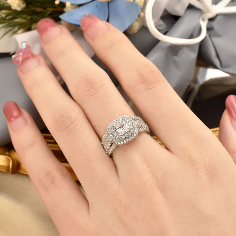Newshe 925 Sterling Silver Halo Cross Cut Princess Cubic Zirconia Wedding Ring S