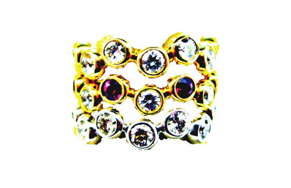 RUBY AND DIAMOND TWO YELLOW GOLD ONE WHITE GOLD ROUND