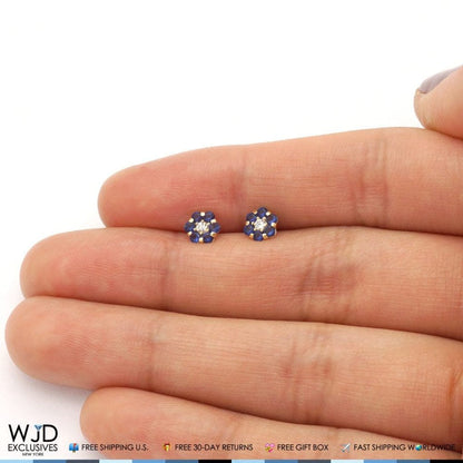 14K Yellow Gold Diamond and Sapphire Flower Screwback Stud Earrings 0.70Ct