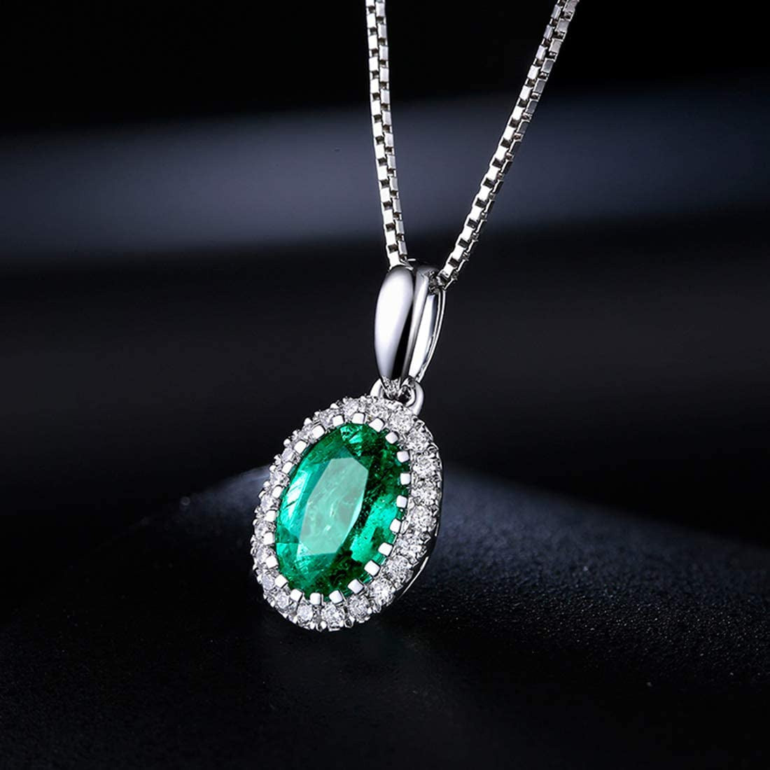 14K Solid White Gold 0.46Ct Natural Green Emerald Necklace, Small Halo May Birth