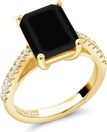 Black Onyx White Created Sapphire 18K Yellow Gold Plated Silver Ring (3.39 Cttw,