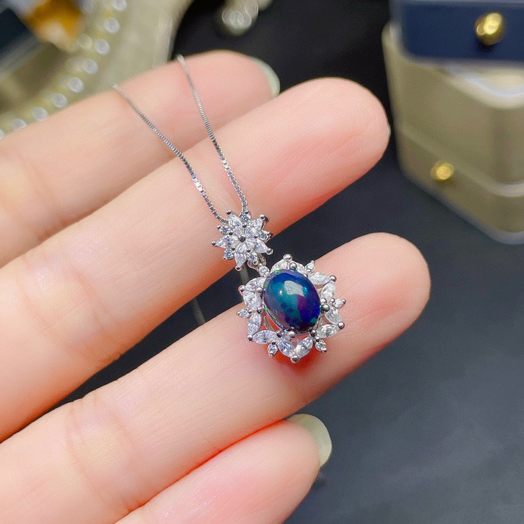 Colorful Black Opal Set Ring Pendant Earrings Gemstone Silver Inlaid Light Luxur
