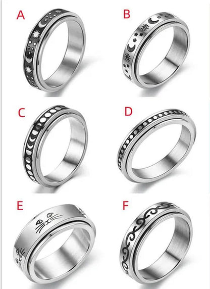 Couple Rings Rotatable Fidget Rings Stainless Steel Sun Moon Star Dot Waves Cat