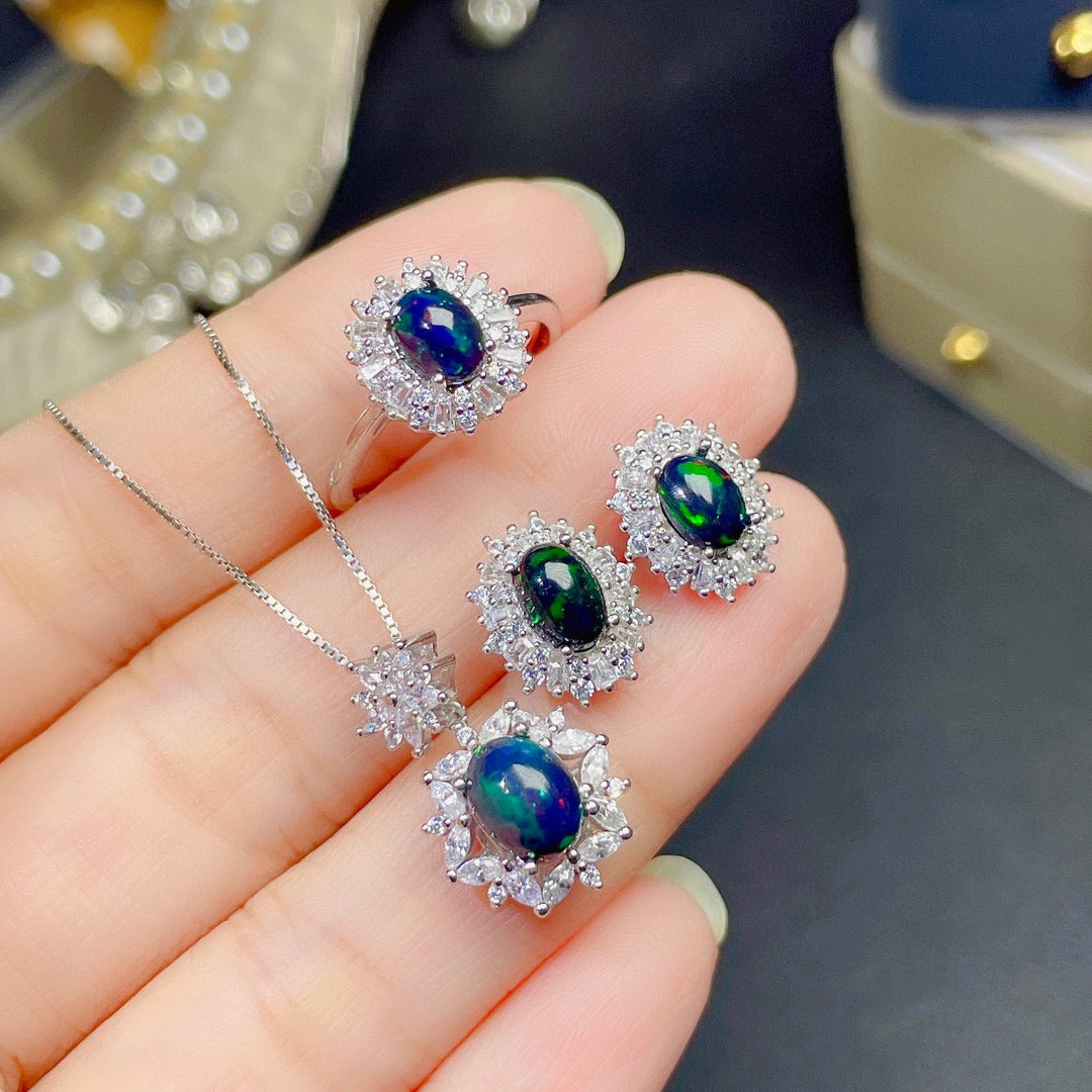 Colorful Black Opal Set Ring Pendant Earrings Gemstone Silver Inlaid Light Luxur