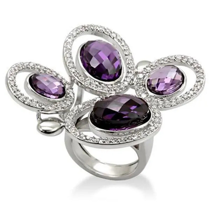 Women Rhodium Brass Ring with AAA Grade CZ in Amethyst - Size 8