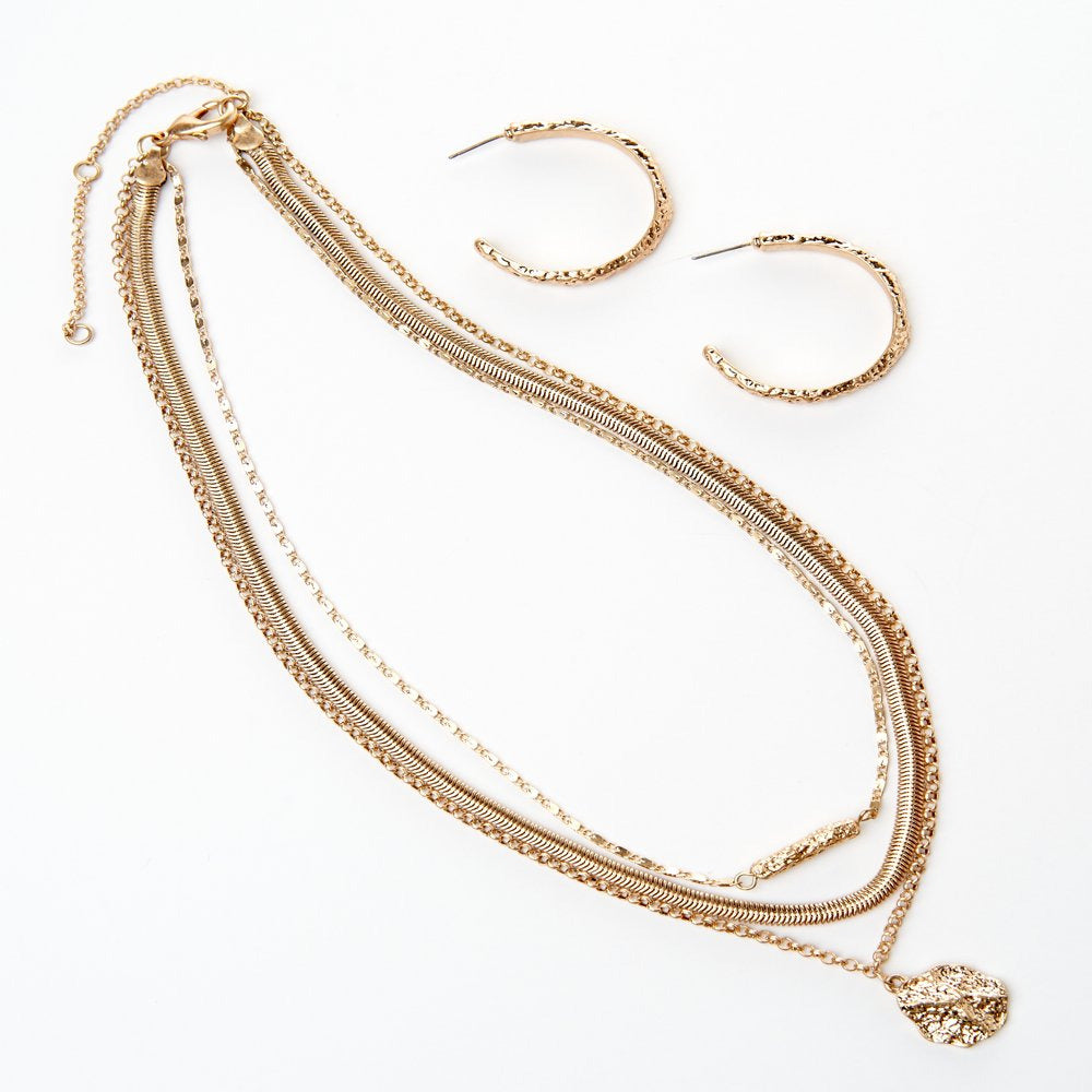 Hammered Gold Earring Hoops and Multi Chain