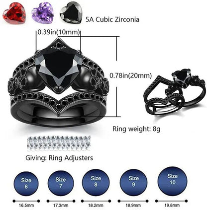 Gothic Skull Black Rings Set Women Rose Flower Red Purple Heart Love Zircon Crys