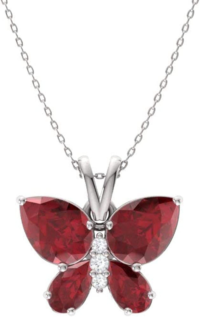 Natural and Certified Gemstone and Diamond Butterfly Petite Necklace in 14K Whit