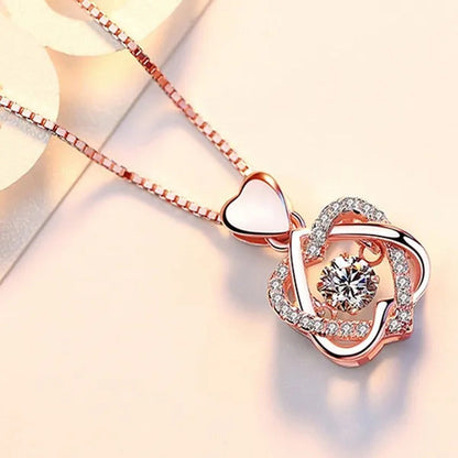 Fashion Romantic Double Heart Diamond Heartbeat Necklace Sapphire Flower Pendant