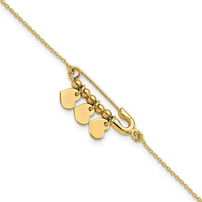 14 Karat Yellow Gold Safety Pin with Dangle Hearts Bracelet
