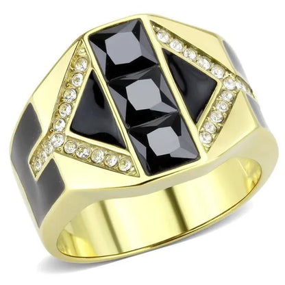 Men IP Gold Stainless Steel Ring with AAA Grade CZ in Black Diamond - Size 13