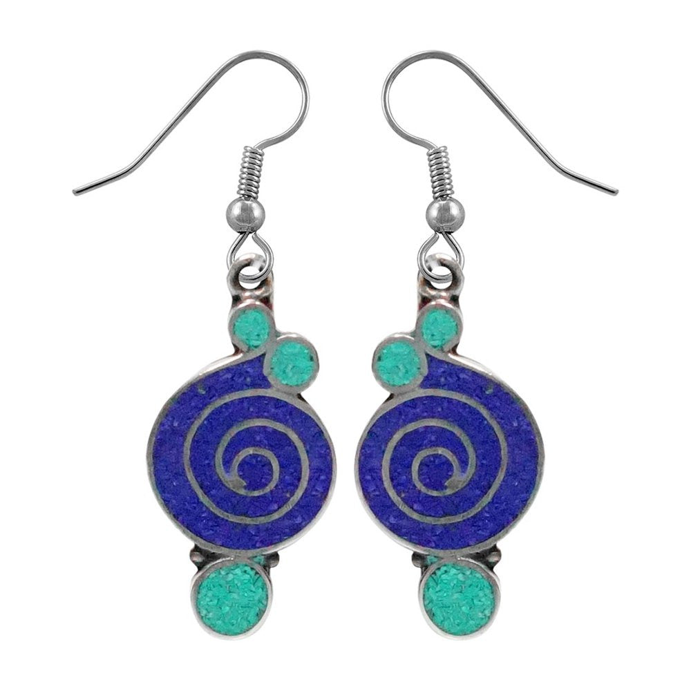 Beautiful Handmade Compressed Blue Lapis Lazuli & Coral Gemstone Inlay Drop Earr