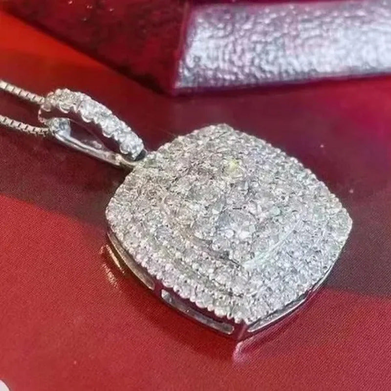 Delicate 925 Sterling Silver Pave Setting Diamond Square Pendant Necklace for Wo