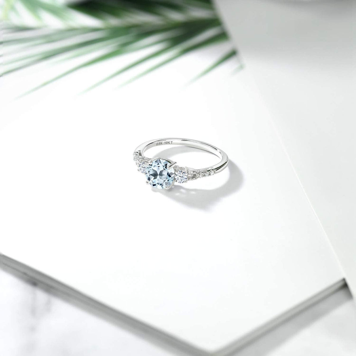 10K White Gold Sky Blue Topaz White Created Sapphire and Diamond Accent 3-Stone