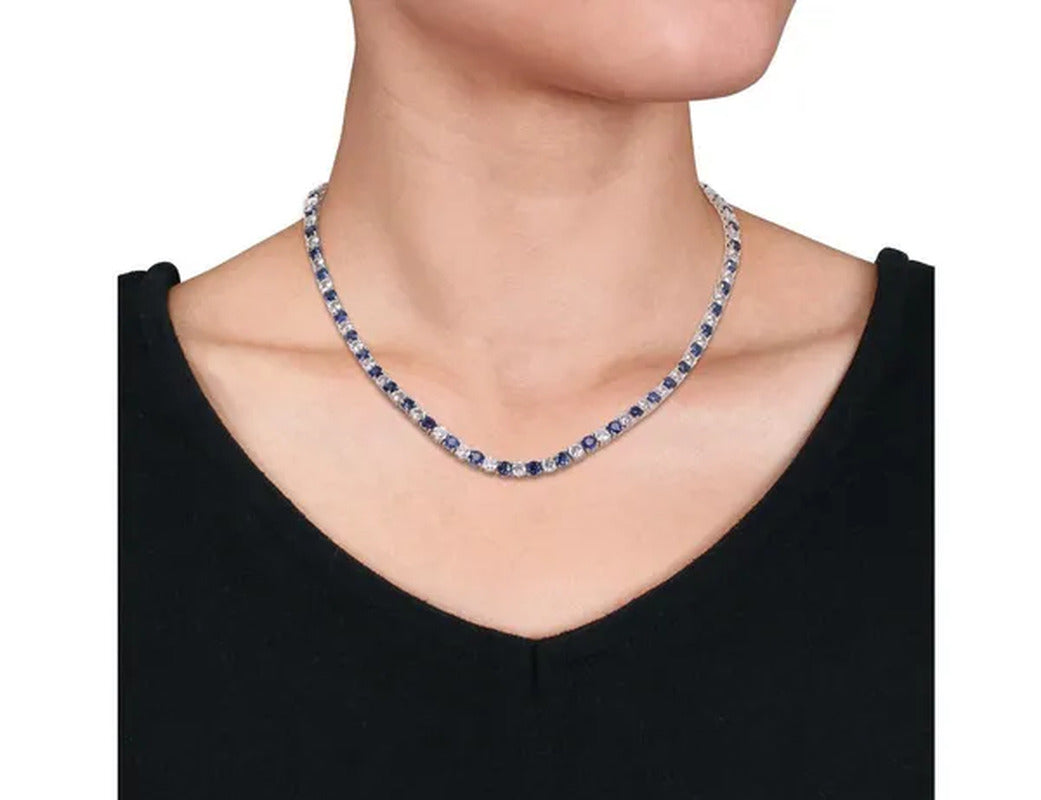 47 Carat (Ctw) Lab-Created Blue and White Sapphire Bracelet Necklace Set in Ster