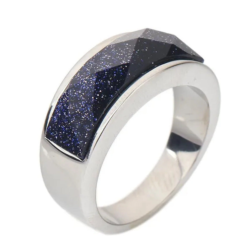 Vintage Men'S Agate Ring Stainless Steel Sky Blue Black White Gemstone Irregular