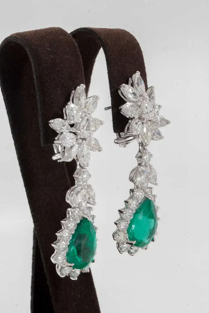 Elegant Green Emerald Diamond Platinum Cluster Drop Earrings