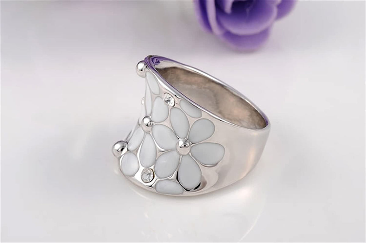Womens Elegant Enamel Flower White Gold Band Bloom Petal Platinum Wedding Engage