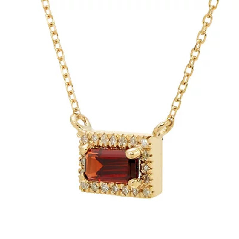 Garnet and .06 CT. T.W. Diamond Baguette Pendant Necklace in 14K Gold