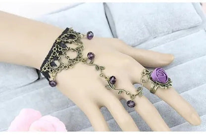 Victorian Style Black Lace Floral Rose Flower Link Chain Slave Bracelet Ring Set