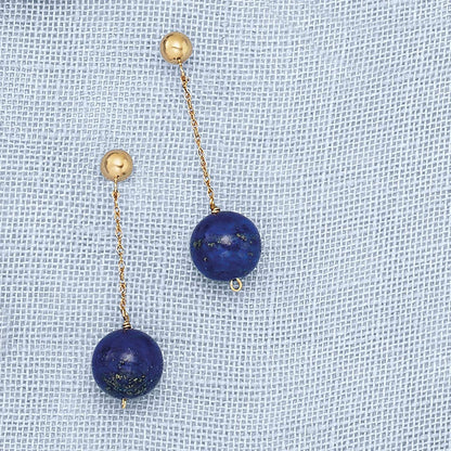 10Mm Lapis Bead Drop Earrings in 14Kt Yellow Gold