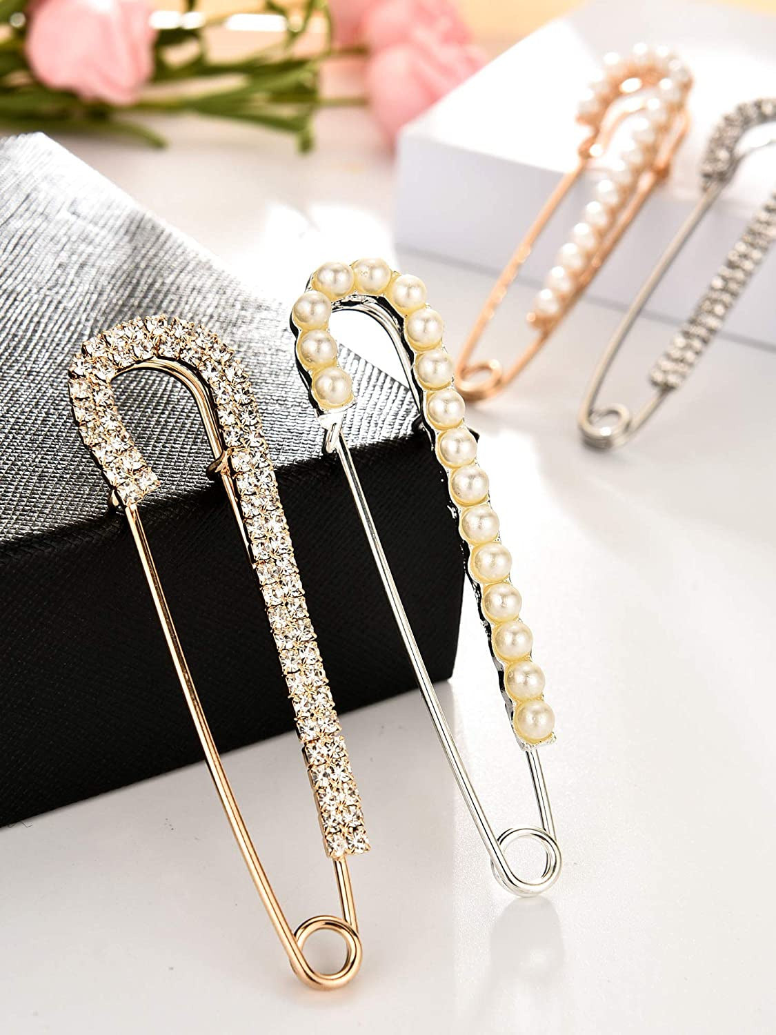 Women Brooch Pins Sweater Shawl Clips Faux Crystal and Pearl Brooches, Safety Pi