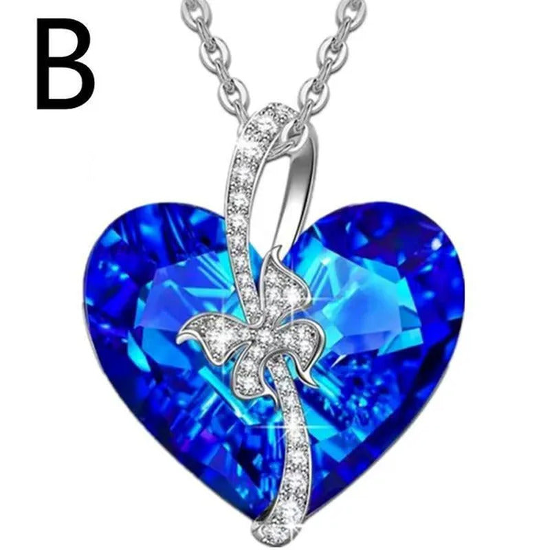 Fashion Heart Blue Crystal Necklace Double Layer Rose Zircon Pendant Engagement