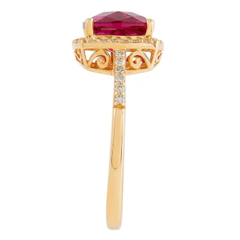 Cushion Cut Created Ruby Ring with Diamonds in 14K Yellow Gold
