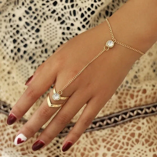 Vintage Gold Big Crystal Ring Bracelet Wrist Chain Jewelry Fashion Hand Back Ban