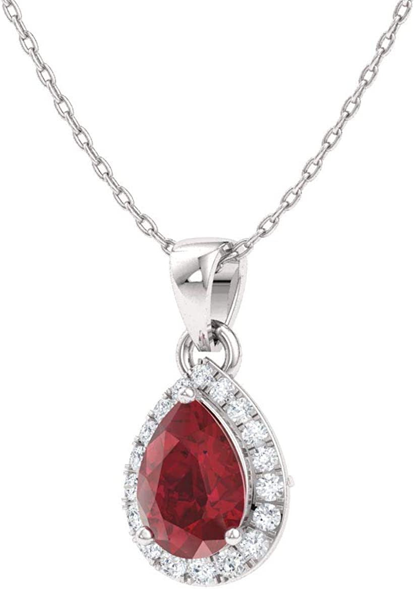 Natural and Certified Pear Cut Gemstone and Diamond Halo Drop Petite Necklace in