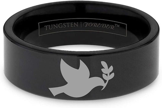 Virgil Dove and Olive Branch Peace Design Black Tungsten Ring 6Mm 8Mm 10Mm