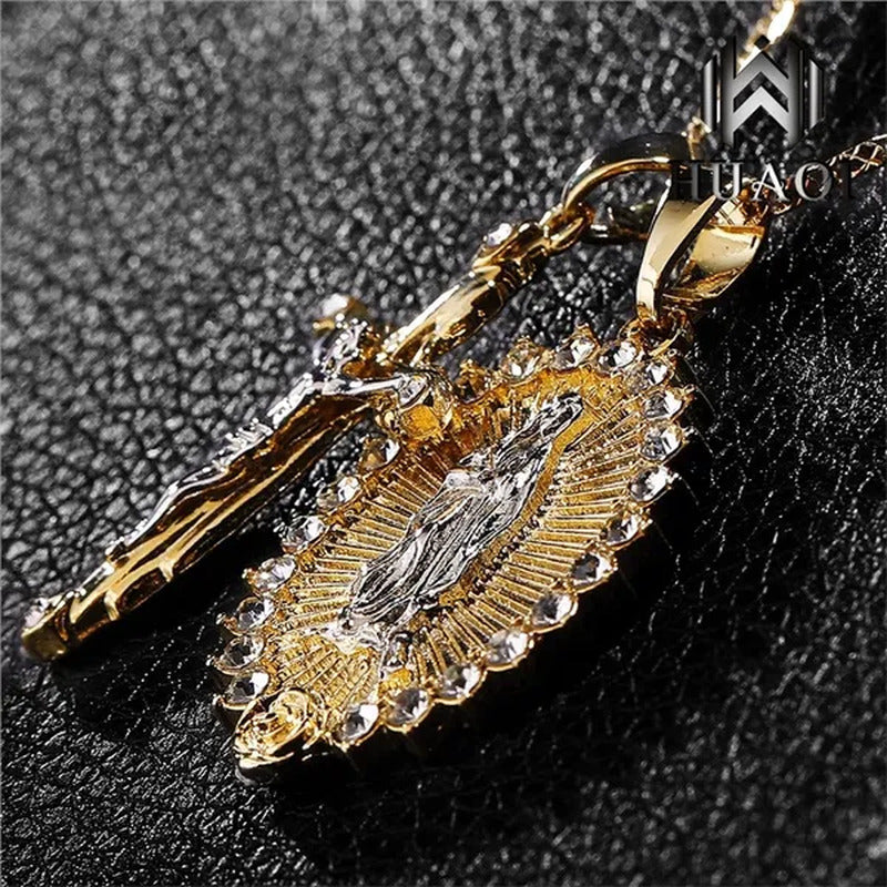New Fashion18K Gold Plated Setting CZ Diamond Virgin Mary Necklace + Cross Neckl