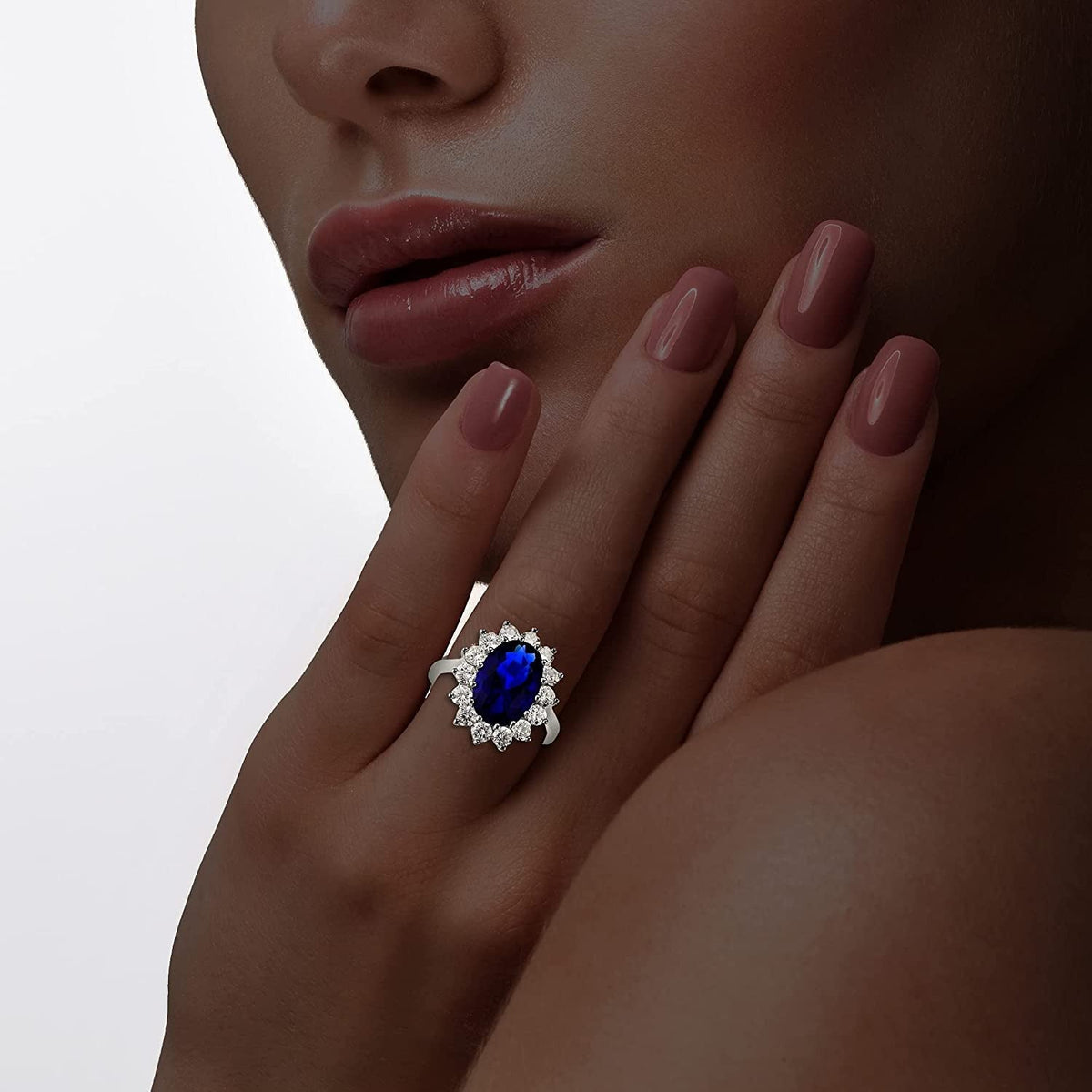 Sterling Silver Large Oval Created Blue Sapphire and Clear Cubic Zirconia Statem
