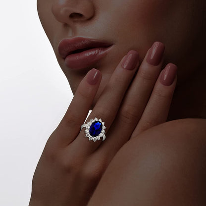 Sterling Silver Large Oval Created Blue Sapphire and Clear Cubic Zirconia Statem