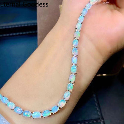 925 Sterling Silver Natural Opal Simple Bracelet Colorful Stone Bracelet Women'S