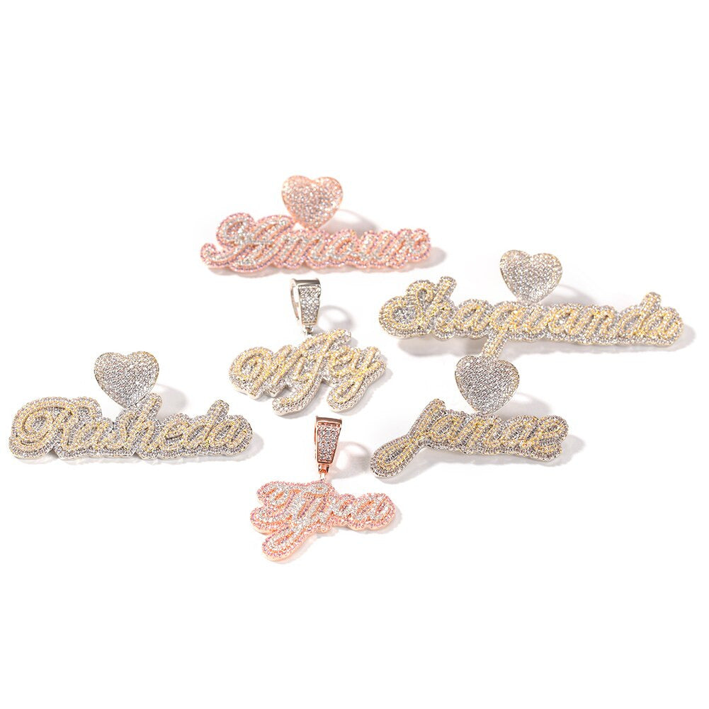 Custom Name Necklace Bubble Letter Heart Buckle Iced Out White Pink CZ Pendant
