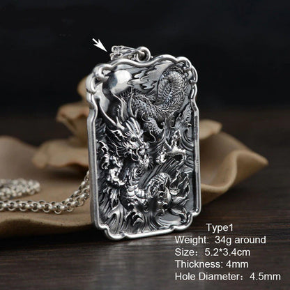 Sterling Silver 990 Vintage Auspicious Clouds Square Pendant for Men Carved