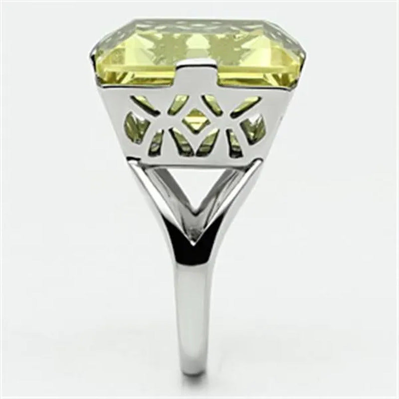 32.44Ct Princess Cut Citrine Yellow Cubic Zirconia Stainless Steel Cocktail Ring