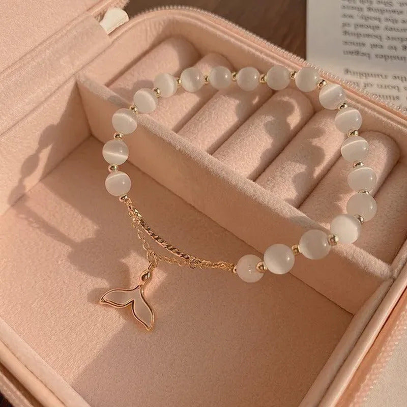 Evil Eye Fish Tail Beaded Bracelets Natural Cat Eye Stone 6 8Mm Opal Bangles Adj