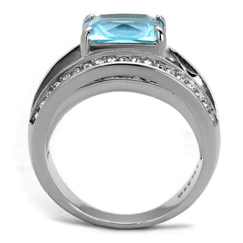 Women'S Stainless Steel 4.07Ct Emerald Cut Sea Blue Crystal Cocktail Ring Size 5