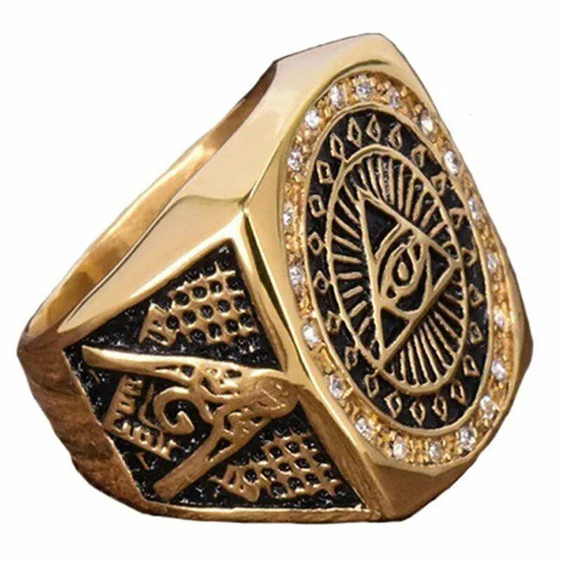 Mens Masonic Illuminati All Seeing Eye Gold Diamond Square Ring Size 7-13