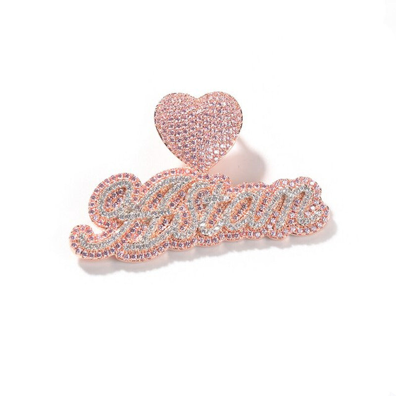 Custom Name Necklace Bubble Letter Heart Buckle Iced Out White Pink CZ Pendant